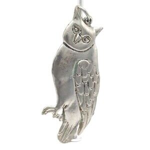 Owl Bird Pendant Silver Pewter Tone Metal Etched Wings Figural Jewelry Vintage